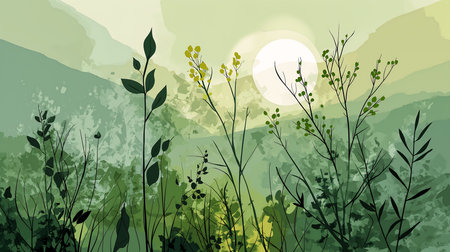 sun setting mountain wildflowers grasses looking down forest floor springtime morning verdant gradient loosely cropped sunrise young newspaper illustration, generative aiの素材
