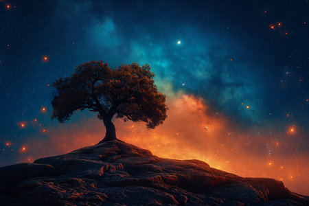 lone tree rock starry sky background oak trees bright universe grain sand dawn dusk infinite entertainment astral nebula branching, generative aiの素材