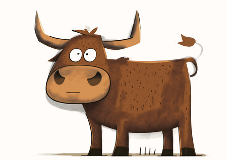 cartoon cow horns nose long horn illustration gruffness four legs strong confident personality, generative aiの素材