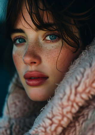 closeup woman freckles face model wears puffer jacket blue eyes portrait talented pink clothes pale first snow winter girl sweater, generative aiの素材