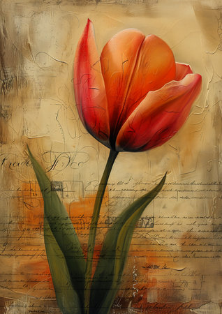 single tulip piece paper handwritten letter gorgeous thick impasto technique pencil tulips red orange colored undercover cup, generative aiの素材