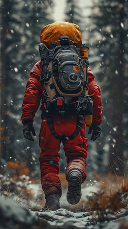 man red suit backpack walking forest winter astronaut below glacier humans exploring grey orange colors vertical, generative aiの素材