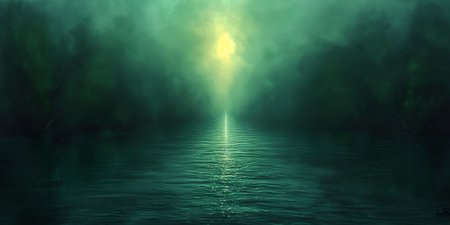 foggy lake light shining trees teal palette horror descent green fog surrounds river deep depth sky grey fire calming, generative aiの素材