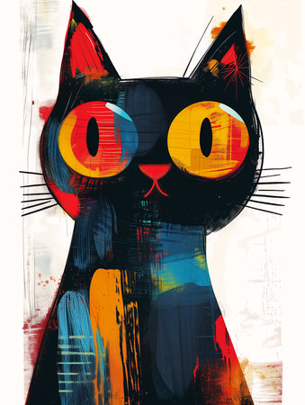 black kitty cat kitten bright yellow eyes red nose city, generative aiの素材