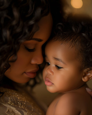 woman holding baby looking something models flowing hair love first sight achingly moonbeams faces visible touching pictured shoulders intimate lighting, generative aiの素材
