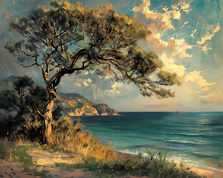 tree beach view ocean romantic simple path traced luscious illustration, generative aiの素材