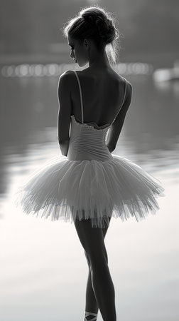 woman white dress standing beach modern glamour tutu swan black queen longing singularities, generative aiの素材