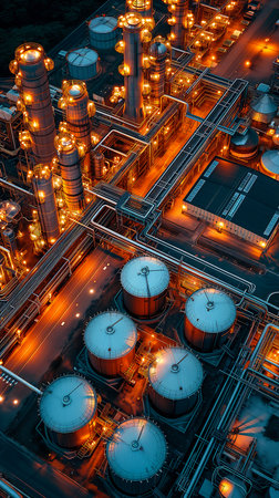oil storage tanks lit night factory coherent symmetry reflective chessboard, generative aiの素材