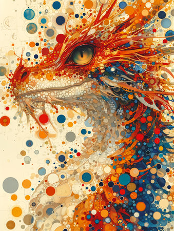 closeup dragon circles orange blue magazine suit bright swirling paint fractal dimensions, generative aiの素材
