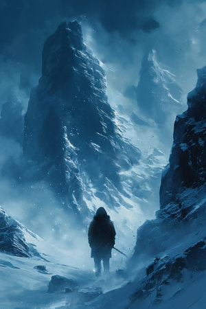 skier snow mountain background novel cover rise adventurer path based unbiased extreme panoramic list gigantic wall avatar dagger hooded cloak tall mountains, generative aiの素材