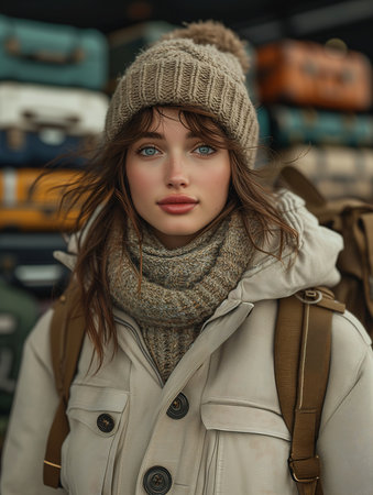 woman backpack hat standing front luggage model wears puffer jacket portrait stunning deep eyes travelers short hair bangs army travel frostbite tents luxurious suit, generative aiの素材