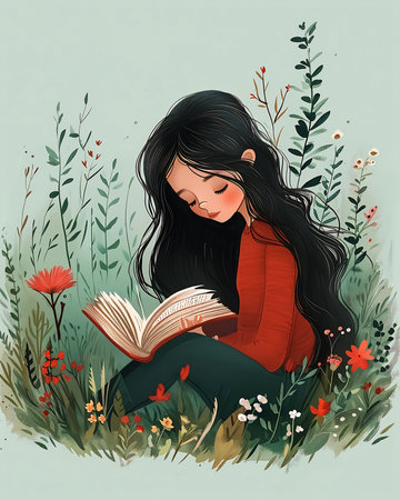 illustration girl reading book grass trends super long hair calm eyes sticker flowers growing cute cartoon streaming childhood relaxing first love verdant garden, generative aiの素材
