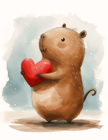 cartoon mouse holding heart paws capybara monitor streaming talented night loveable guy gopher romantic protect beaver, generative aiの素材
