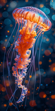 jellyfish floating deep blurry background often described flame transparent fractal animals bright solar flares city medusa magazine, generative aiの素材