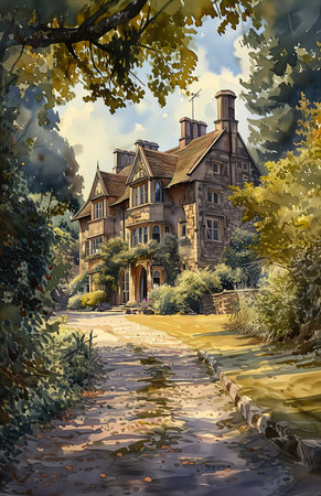 large house stone pathway leading storybook forest bright centered, generative aiの素材
