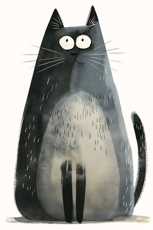 black kitty cat kitten sitting ground eyes open illustration princess grey wispy fog proud look hibachi mischievous grin long jazzy ghosts, generative aiの素材