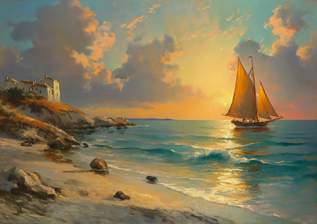 sailboat ocean lighthouse background kitsch sun horizon matte swedish house antique piece butcher, generative aiの素材