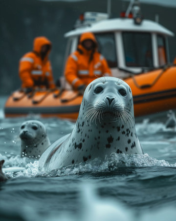 two seals deep boat background orange reflective puffy coat haida long silver hair white freckles surprised expression motherly saluting north hello, generative aiの素材