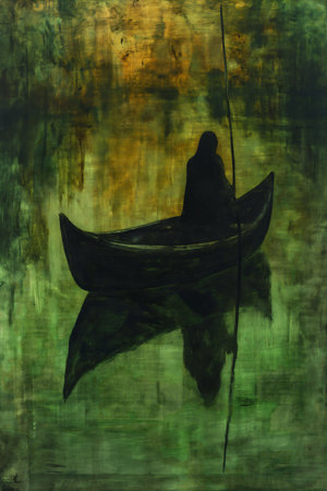 man boat pole deep ambient album cover black green store syndicate mono yellow spirit guide gallery setting feelings guilt monk fog surrounds, generative aiの素材
