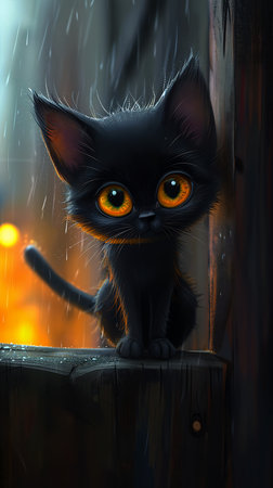 black kitty cat kitten sitting fence rain huge adorable eyes cute scary vampire necro ears raining outside window orange little dragon gumdrops cutie, generative aiの素材