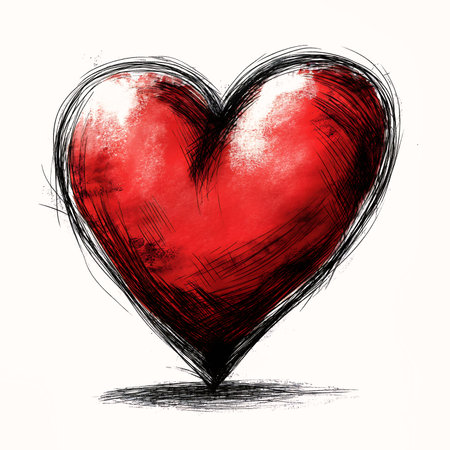 drawing red heart black outline avatar sketch blurred dreamy illustration emote old scars love begin form thin brush strokes viewed profile rads good, generative aiの素材