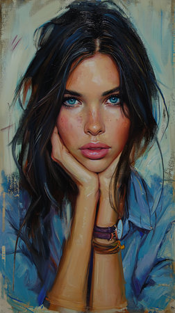 woman blue eyes shirt lips talented defined cheek bones miles focus close dreaming colors long hair centered young looking bohemian incredible, generative aiの素材