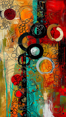 abstract design circles haphazardly layered scenes red swirls designers republic flow shapes large brush overturned princess textured canvas lengthwise interconnections, generative aiの素材