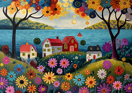 landscape house tree flowers sea everywhere still horror entertainment cottage town blossoming rhythm patchwork, generative aiの素材