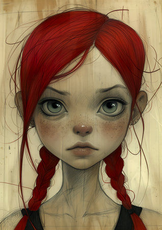 drawing girl red hair freckles hollow cheeks paint, generative aiの素材
