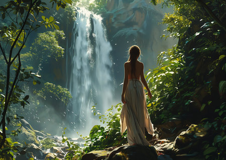 woman flowing dress standing front waterfall jungle environment perfect female body silhouette color forests silk road landscape, generative aiの素材