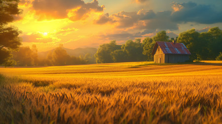 house field wheat sunset background scenery ray sunlight young cornucopia banner, generative aiの素材