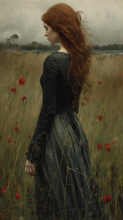 woman field red flowers long ginger hair windy inside dystopian girl horizon scotland dressed black cloak stunning rich tall grass, generative aiの素材