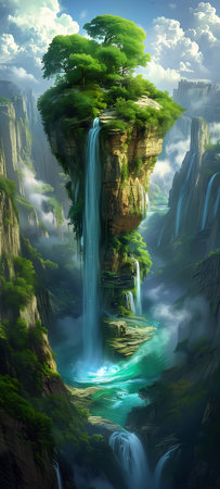 waterfall middle mountain tree top fallen columns color avatar realms, generative aiの素材