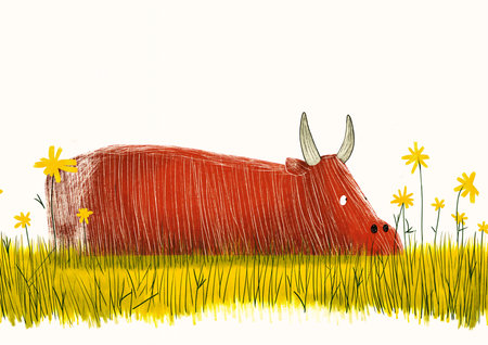 drawing cow field flowers guardian project red shirt hairy sunbathing illustration happily tired long fur grass unbearable anxiety headdress ponds, generative aiの素材