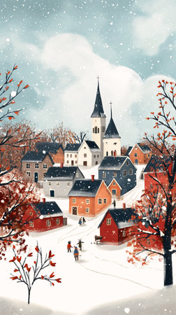 snowy scene village church person walking snow book technology review joy inhabited levels fall season princess cover, generative aiの素材
