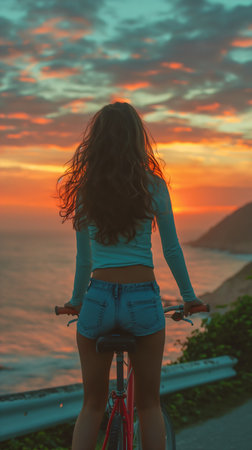 woman riding bike road near ocean looking off sunset mini jeans skirt body behind girl hairs young girls, generative aiの素材