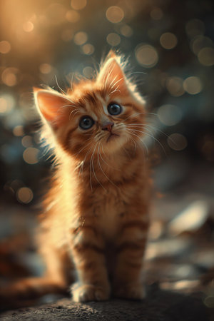 small orange kitten sitting rock looking overconfident expression sparkling sunlight focus close mischievous eyes perfect face warm colored, generative aiの素材