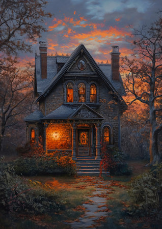 house lighted porch pathway leading rounded cute sunset autumn pastel drawing still horror entertainment computer furry haunted sad expression dusk lighting, generative aiの素材
