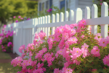 white picket pink flowers growing transparent fence good housekeeping subtle color variations nosey neighbors flowering vines shutters barriers shadows yard young header noon, generative aiの素材