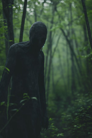 statue man forest trees spooky still promotional background alien pulling move banshee clear brutal black clothes bad skin, generative aiの素材