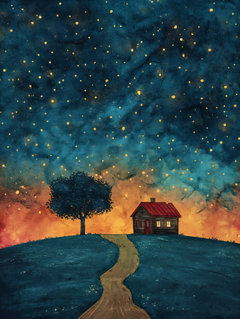 house hill tree path sky strewn stars amazing night driveway home portrait dreamer glittering background embers flying makeshift houses album space backdrop magical sparkling colored starry, generative aiの素材