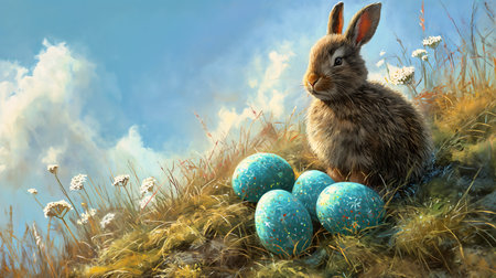 rabbit sitting hill eggs grass festive color full spring early brass beak, generative aiの素材