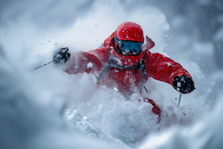 skier red jacket skiing down snowy slope trees background descent madness low pressure system wearing rugged ranger, generative aiの素材