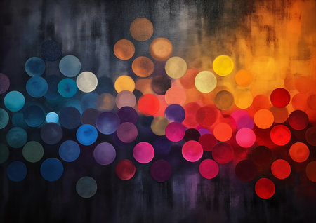 brightly colored circles arranged room energetic brush strokes dripping light drops color depth blur floating embers spectrum colors musicality prisms, generative aiの素材