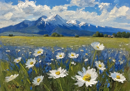 field daisies mountain background listing snow peak splash vast expansive landscape color sunny light smeared flowers, generative aiの素材