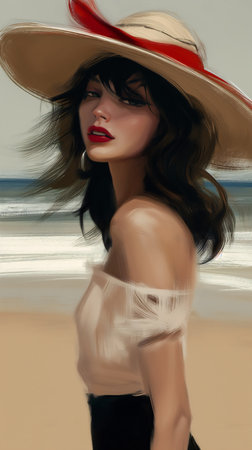 woman wearing hat beach female faint red lips flowing sundress looks young talented alluring brush straw, generative aiの素材