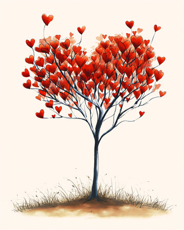 tree red hearts illustration monochromatic sprouting higher love listing branching strong emotional impact stream happiness, generative aiの素材