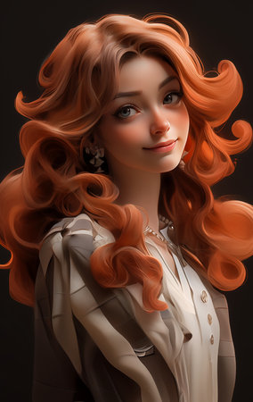 woman long red hair white shirt beautifully baroque curls gorgeous soft lighting humanized, generative aiの素材