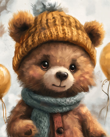 teddy bear wearing hat scarf balloons warm friendly expression sweater full trends gold colors marshmallow cute animal, generative aiの素材