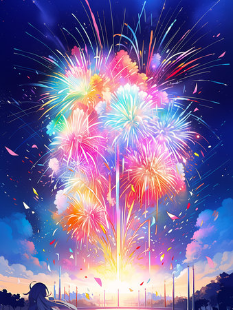 fireworks sky body deep bridge key visual splash vibrating color background random live day independence, generative aiの素材